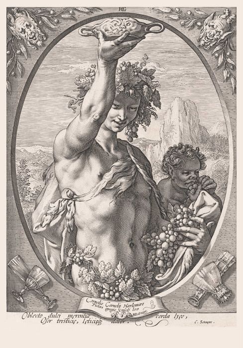 XVIII wieczny miedzioryt z Bachusem, wymiar 69cm x 99cm.