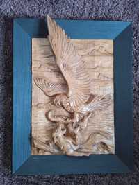 „Orzeł z lisem” Panel rzeźbiony z litego dębu.Wykonany ręcznie
