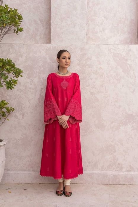 Długa tunika indyjska S 36 różowa bawełna boho Bollywood etno haft