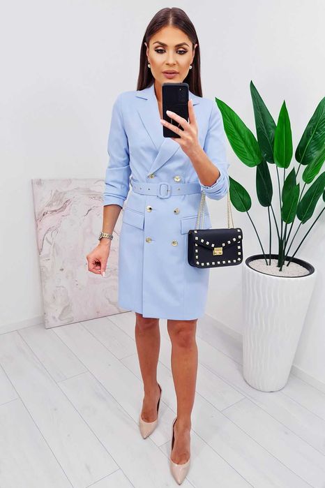 Sukienka marynarkowa polska dwurzędowa z paskiem błękitna guziki 44