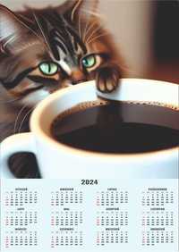 Plakat Kalendarz 2024 Z Kotem Przy Kawie 50Cm X 70Cm