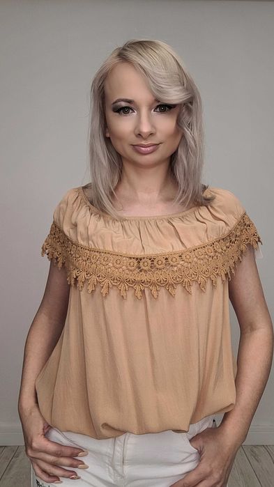 NOWA Bluzka WŁOSKA zwiewna z koroną 6 kolorów r UNI beż nude camel