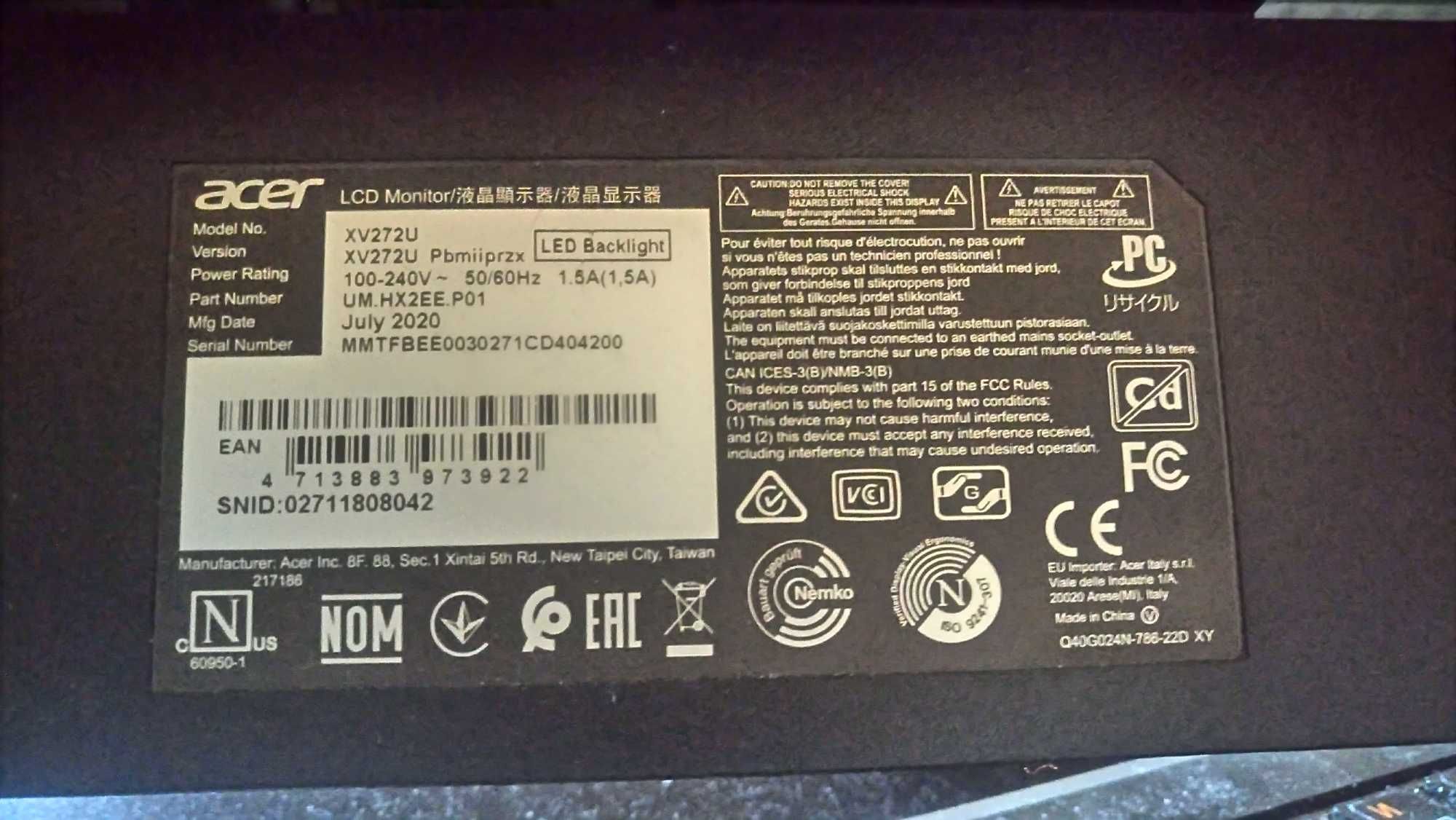 Монитор Acer Nitro XV272U IPS 27 дюймов 2560x1440 (2K QHD)
