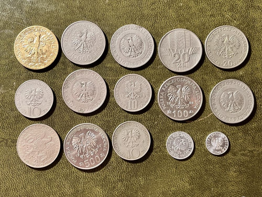 Zbiór monet PRL w tym platerowany rybak 1960