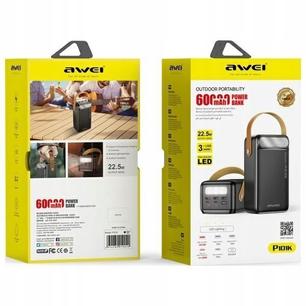 Powerbank AWEI P101K 60000mAh 22.5W Latarka 5xUSB LED