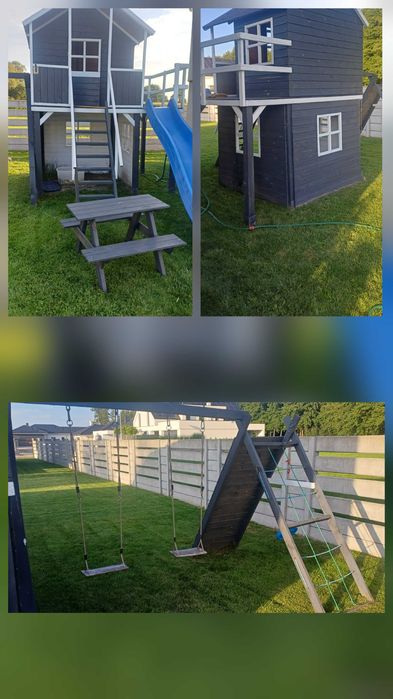 Drewniany domek dla dzieci ze zjeżdżalnią