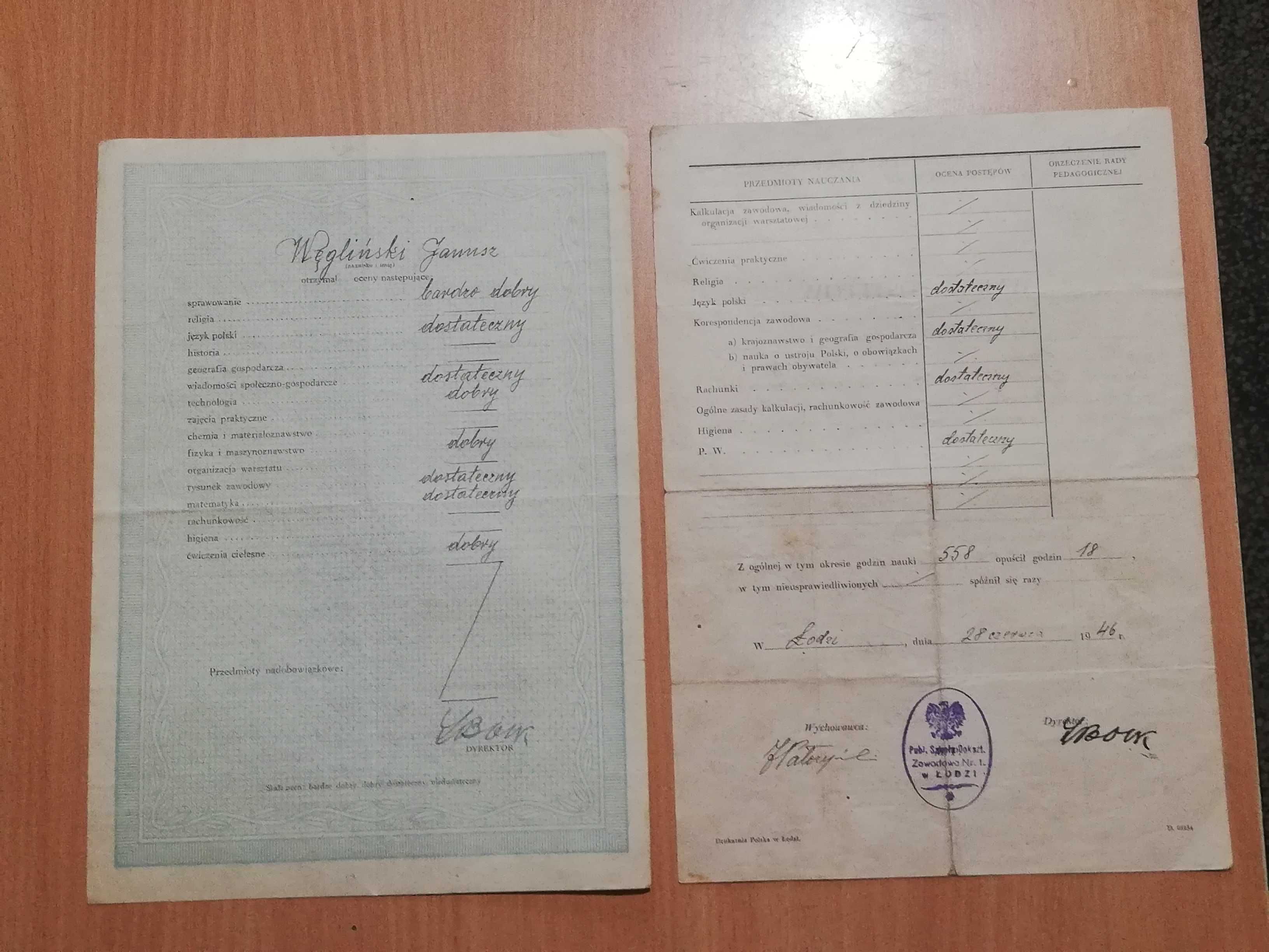 Stare pisma dokumenty świadectwa PRL 1946 rok    S