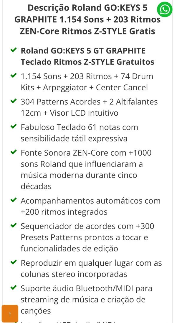 Piano Roland GO:KEYS 5 - 61 teclas + pedal + saco + suporte