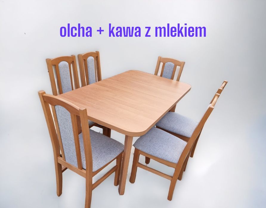 Od ręki, stół 80x140/180 + 6 krzeseł. Olcha + kawa z mlekiem , NOWE
