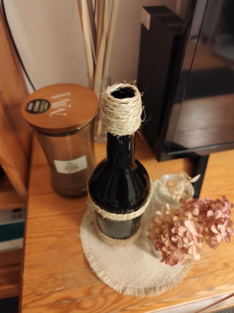 Butelka czarna boho z jutą ozdoba wazon rustykalna dekoracja handmade
