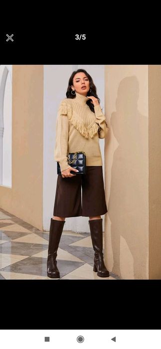 Nowy sweter damski Boho beżowy oversize z frędzlami ciepły 36 golf