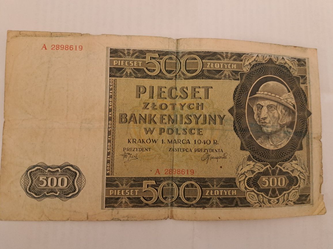 Banknot 500 zł - Bank Emisyjny W Polsce Kraków 1 Marzec 1940 Rok