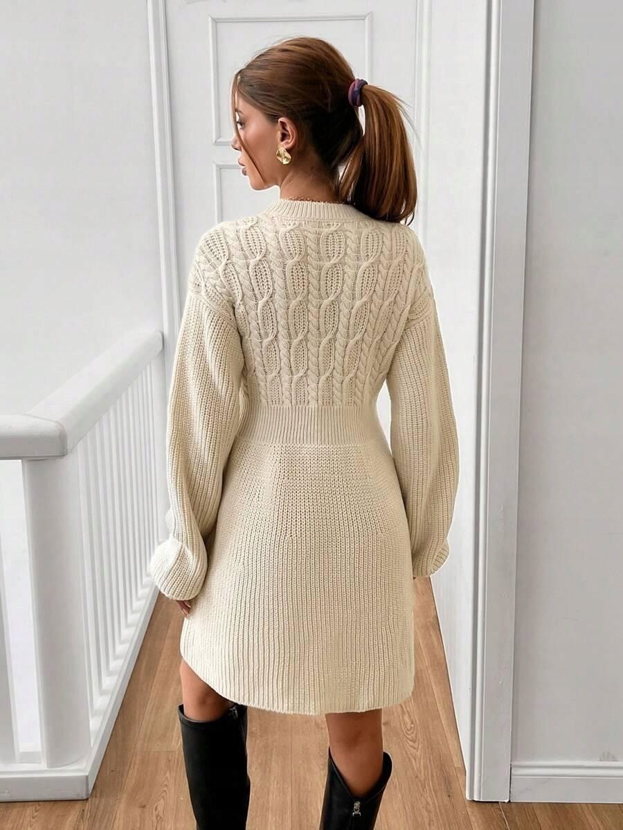 Shein sweterkowa sukienka kremowa długie rękawy kokardki L 40 / XL