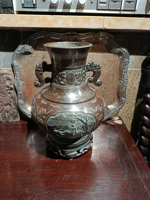 Jarrão Bronze Chinês embutidos Prata Séc XVIII 5,5 kg 31 cm