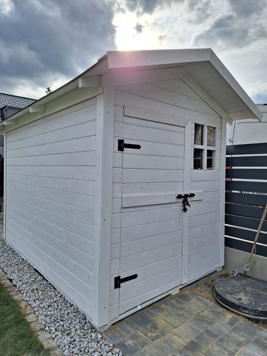 Domek narzędziowy drewniany skrytka szopka garaż drewno