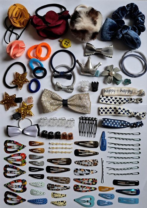 Duży zestaw spinek i gumek do włosów – mix kolorów i wzorów
