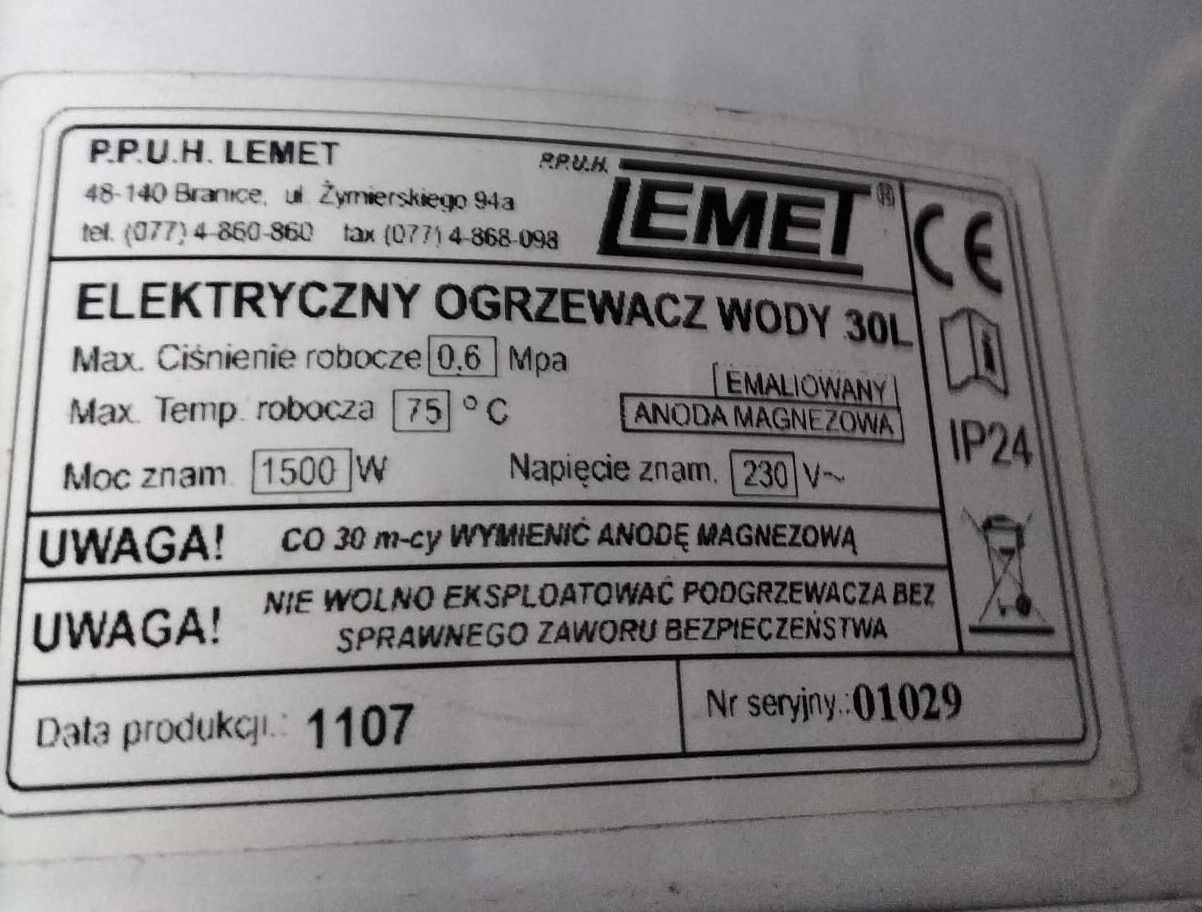 Bojler, podgrzewacz wody 30 litrów