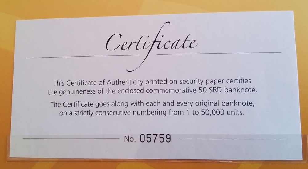 SURINAME 50 dólares 2012 comemorativa/ FOLDER