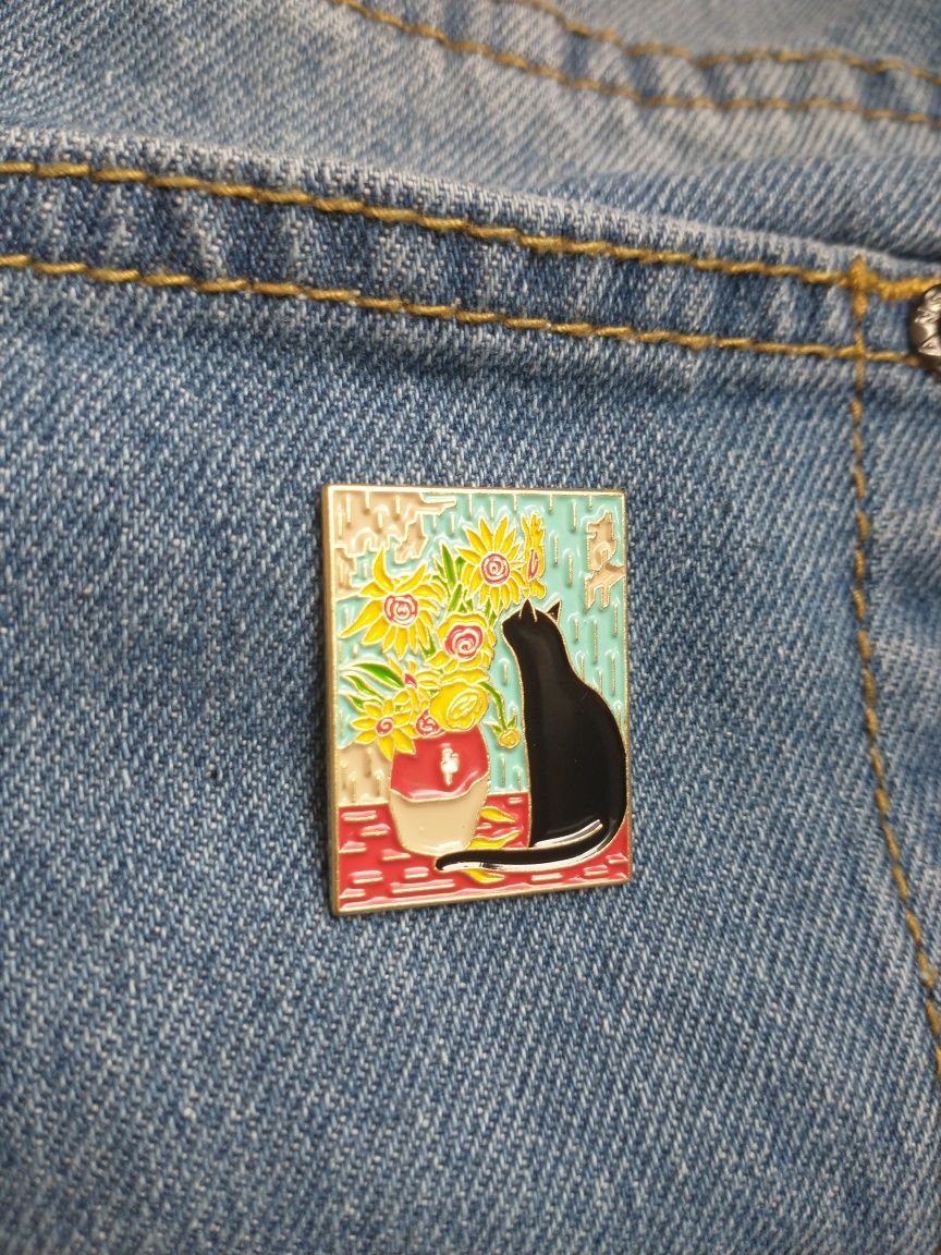 Pin pins przypinka broszka wpinka czarny kot kwiaty obraz płótno retro