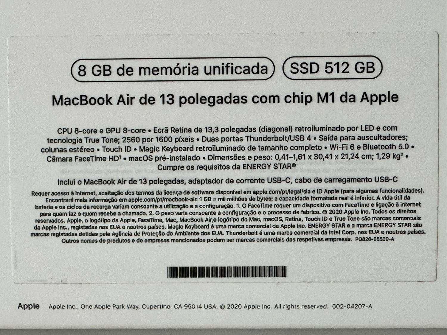 MacBook Air M1 8GB RAM 512GB SSD 2020 GPU 8-core portátil Apple Mac