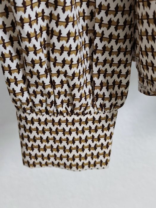 Bluzka damska pepitka brąz biały kopertowy dekolt dł rękaw M