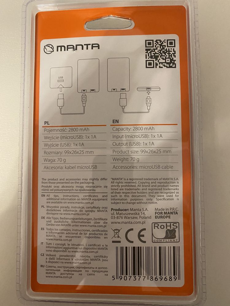 Powerbank Manta 2800 mAh czarny