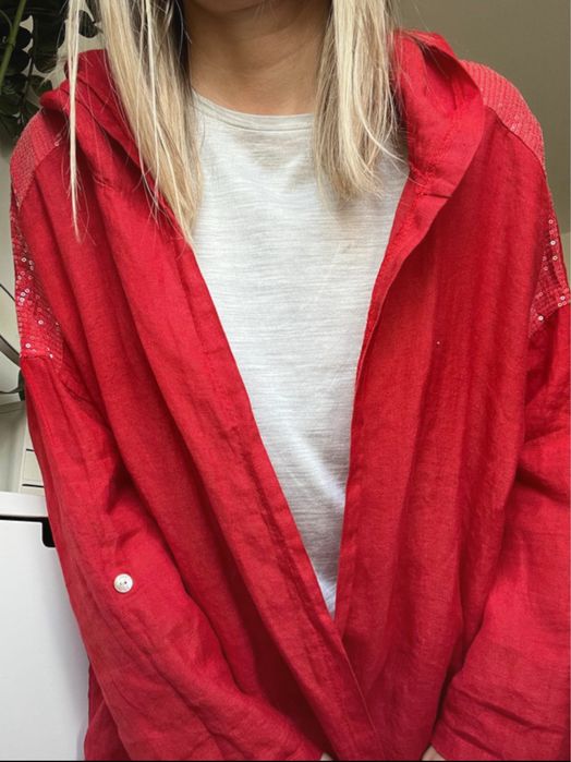 100% len lniana kurtka bluza kardigan czerwona M