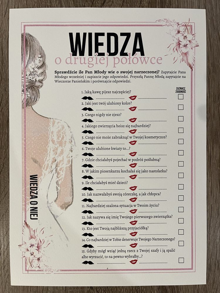 Gra na wieczór panieński „Wiedza o drugiej połówce” zabawa test ankiet