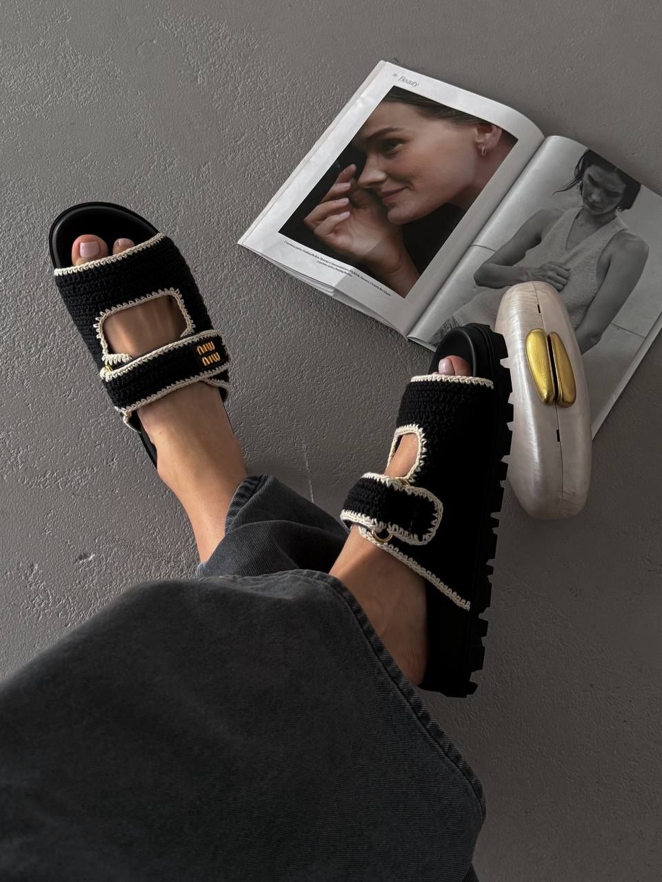 р36-41 Шльопанці Miu Women's Miu Crochet knit slides Beige Brown Black