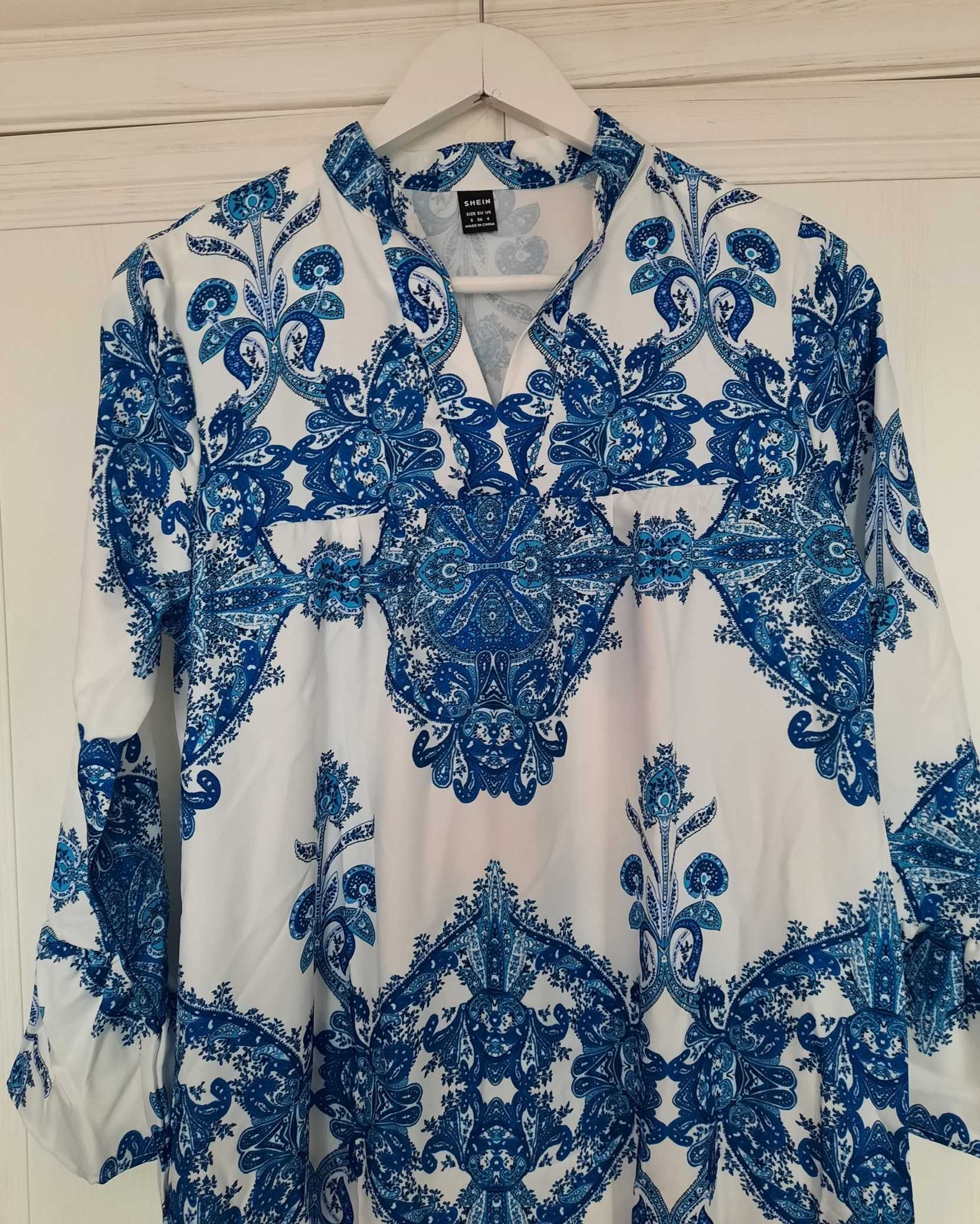 Shein nowa urocza boho wzór grecki midi sukienka biała niebieska S