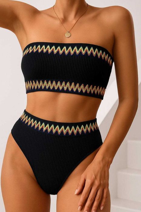 Женский купальник с вышивкой в рубчик топ и высокие плавки SHEIN, L/XL