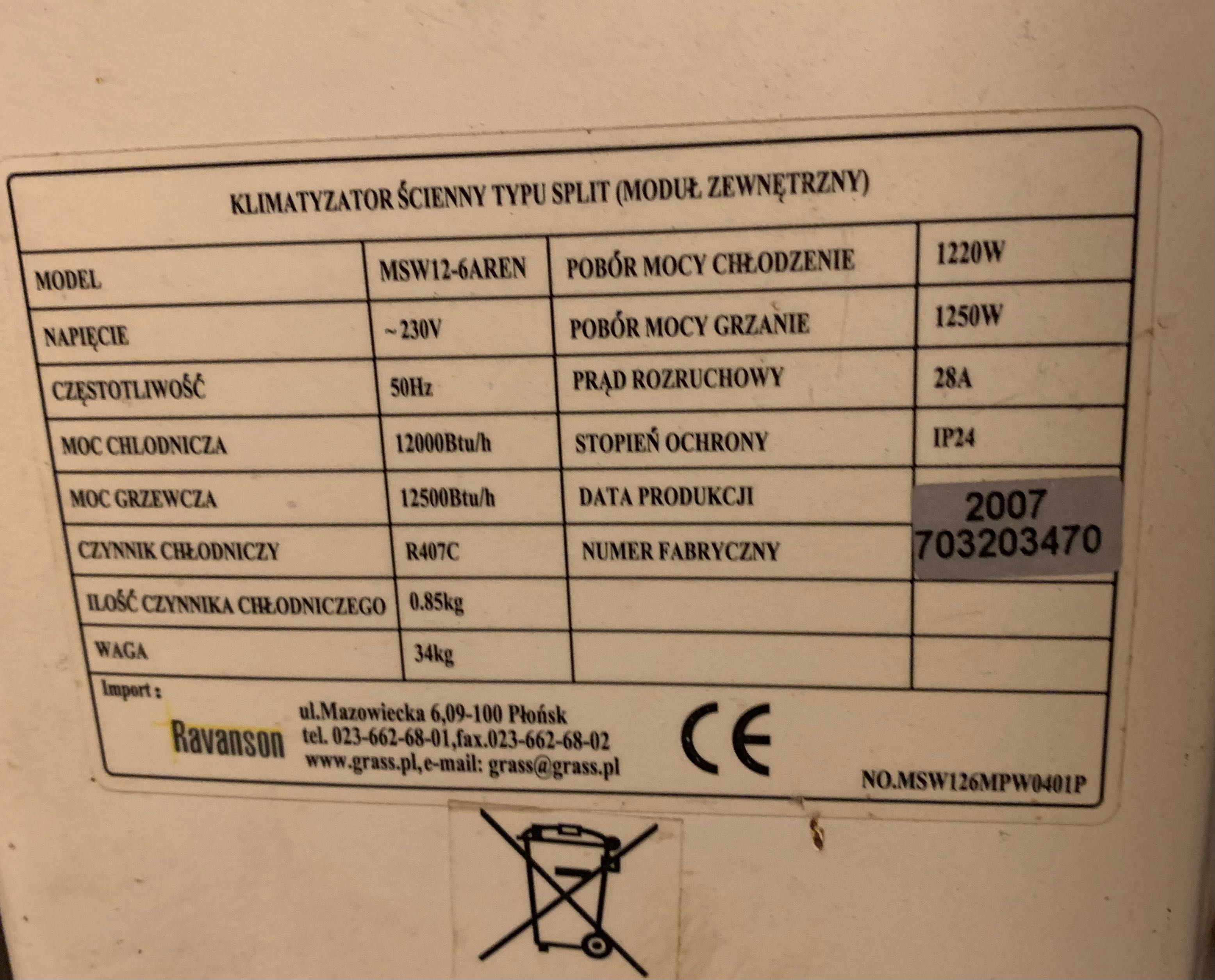 Używany klimatyzator z funkcją grzania W-wa Split Ravanson MSW12-6AREN