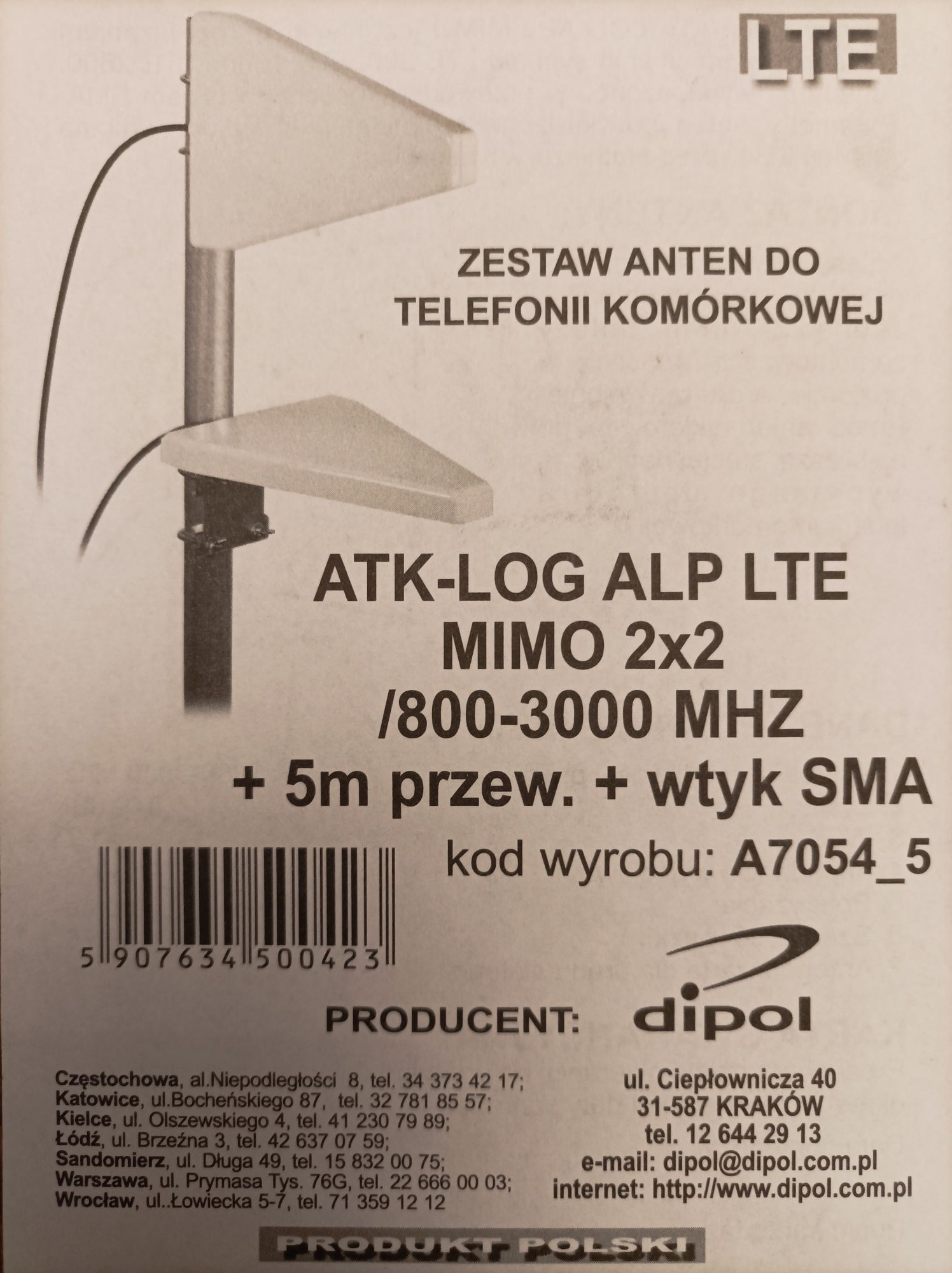 Antena ATK-LOG ALP LTE MIMO 2x2/800 - 3000 MHZ+10m przew.(5+5)+wtyk SM