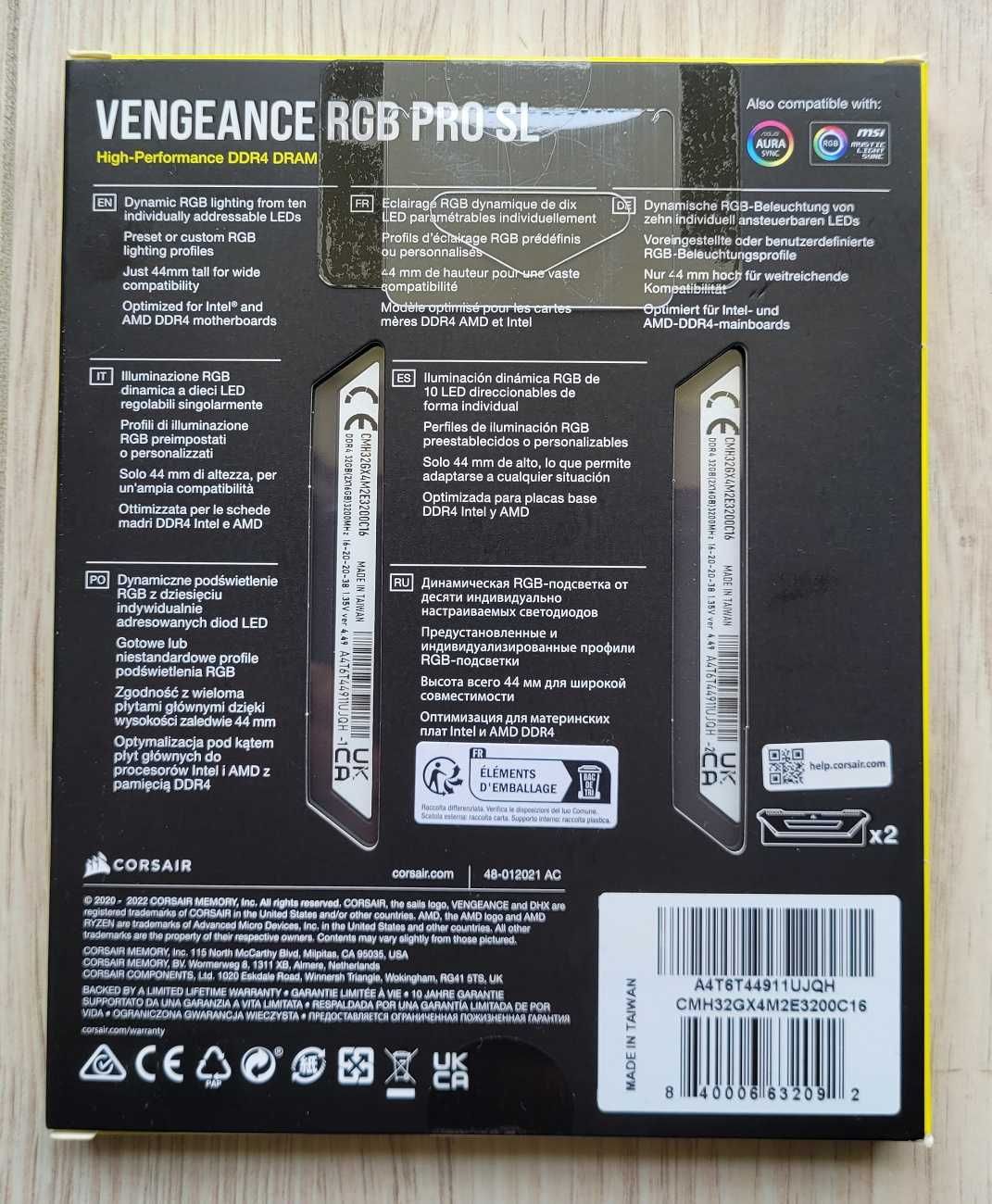 Pamięć DDR4 Corsair Vengeance RGB PRO SL 32GB 3200Mhz - nowa