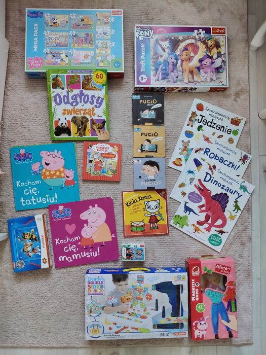 Zestaw książek i zabawek pucio , wkrętarka i inne