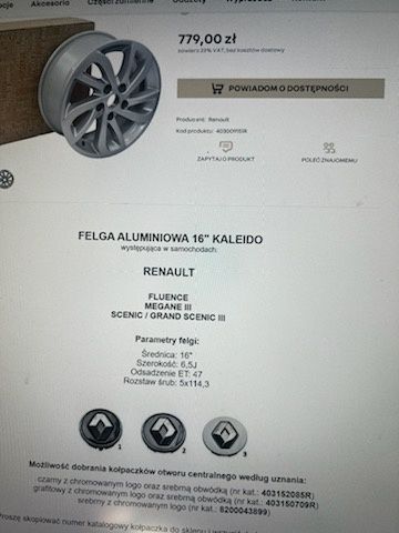 Felgi alu 16 Renault 6,5J ET47 5x114,3