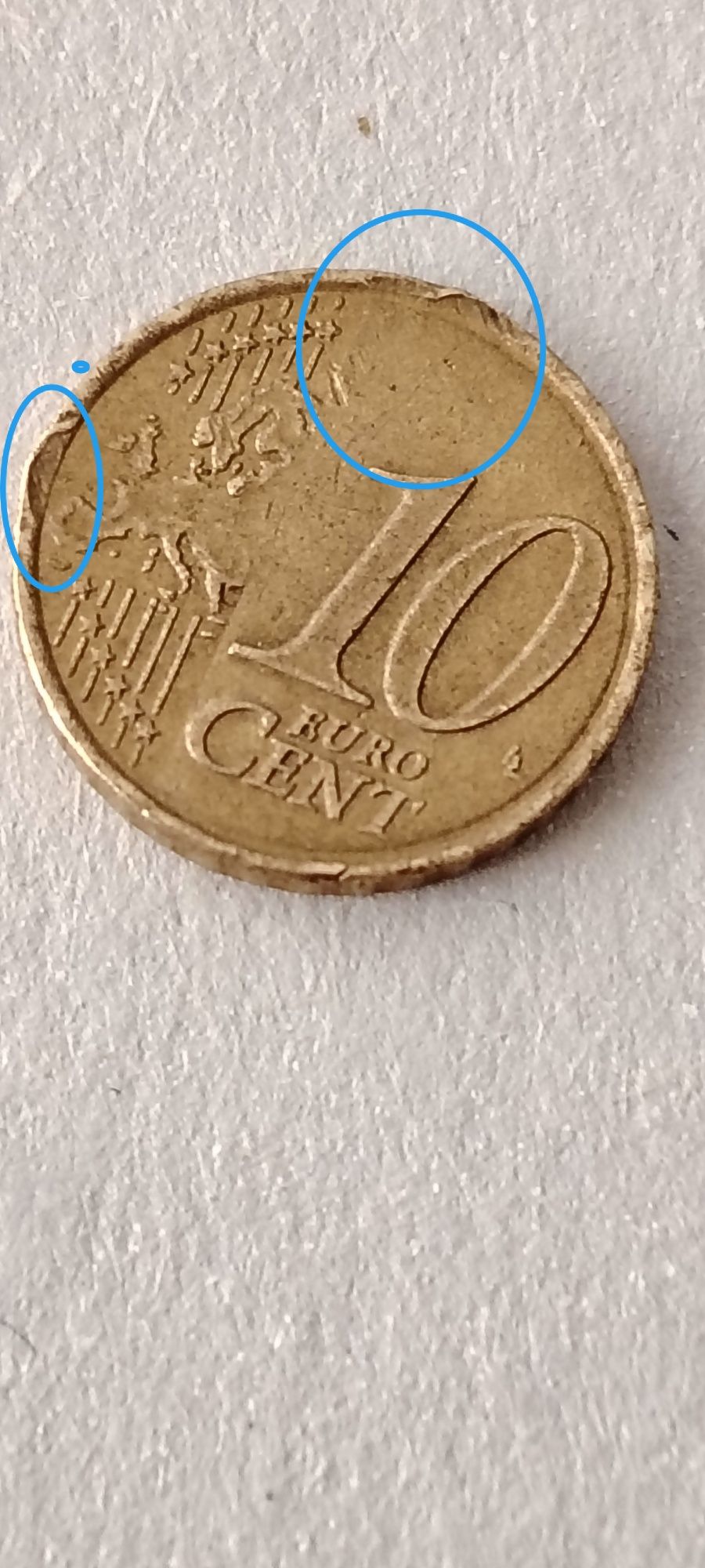 Moeda de 10 cêntimos de Espanha 2007 com defeito