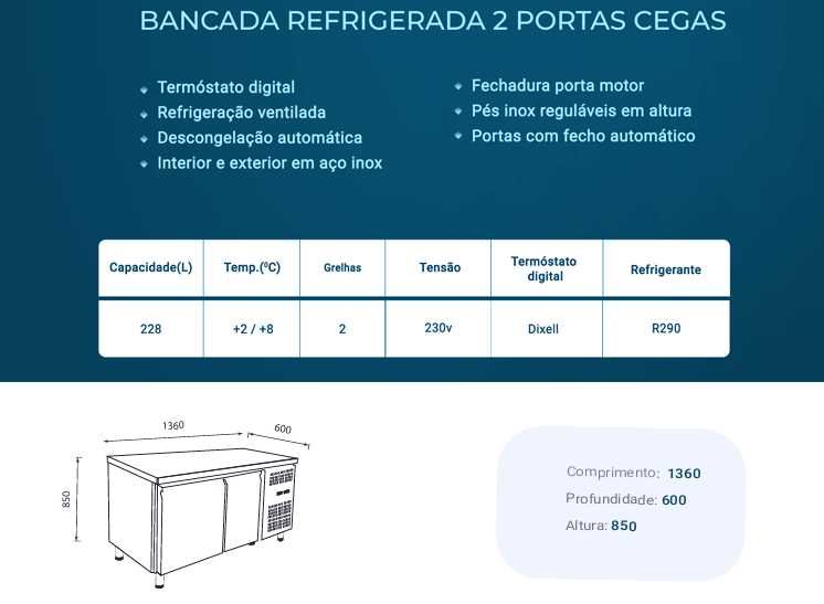 Bancada Frigorífica em aço inox, 2 portas opacas, frio ventilado. NOVA