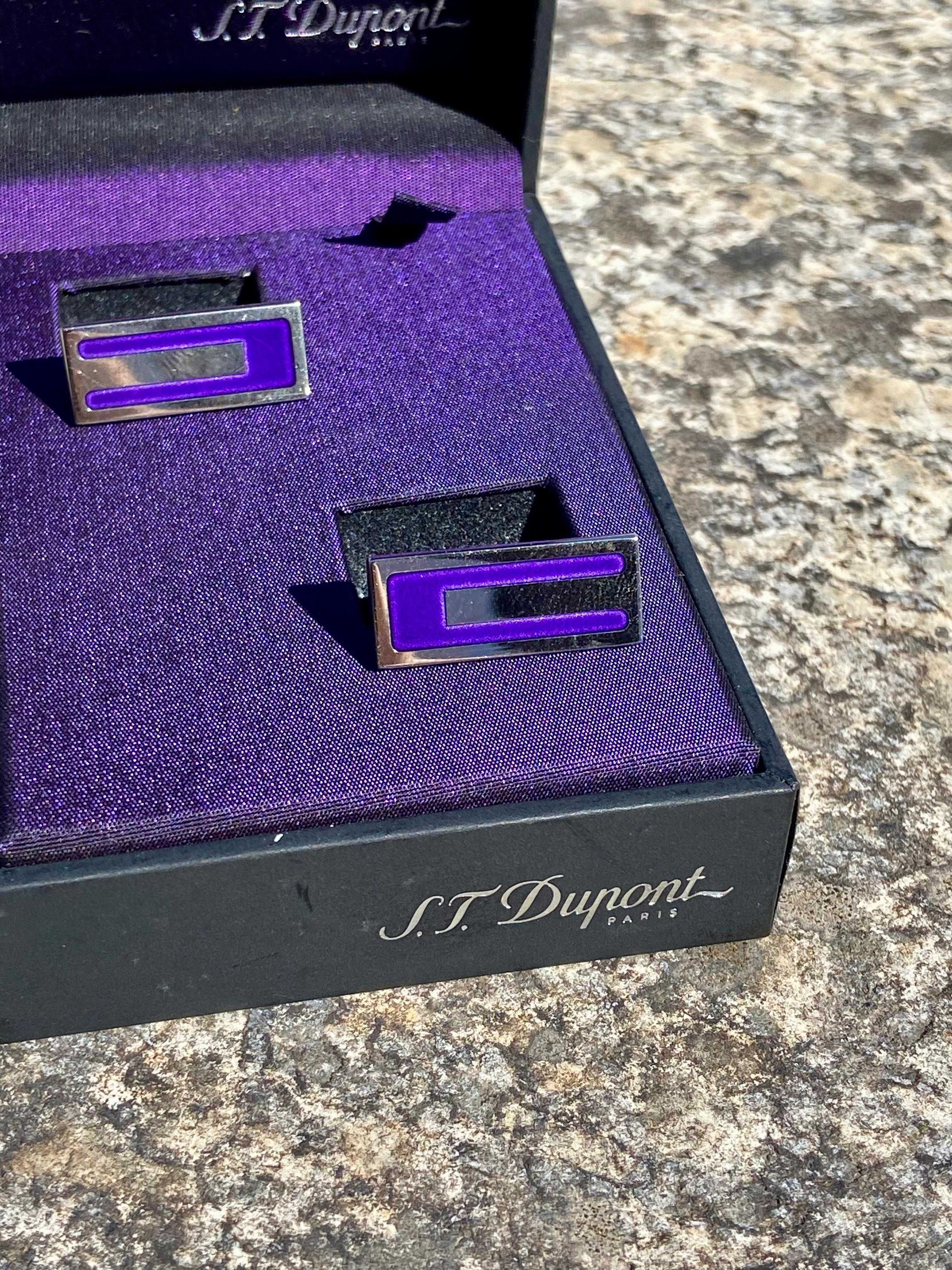 Botões de Punho ST Dupont Roxos em Aço com Caixa e Documentos