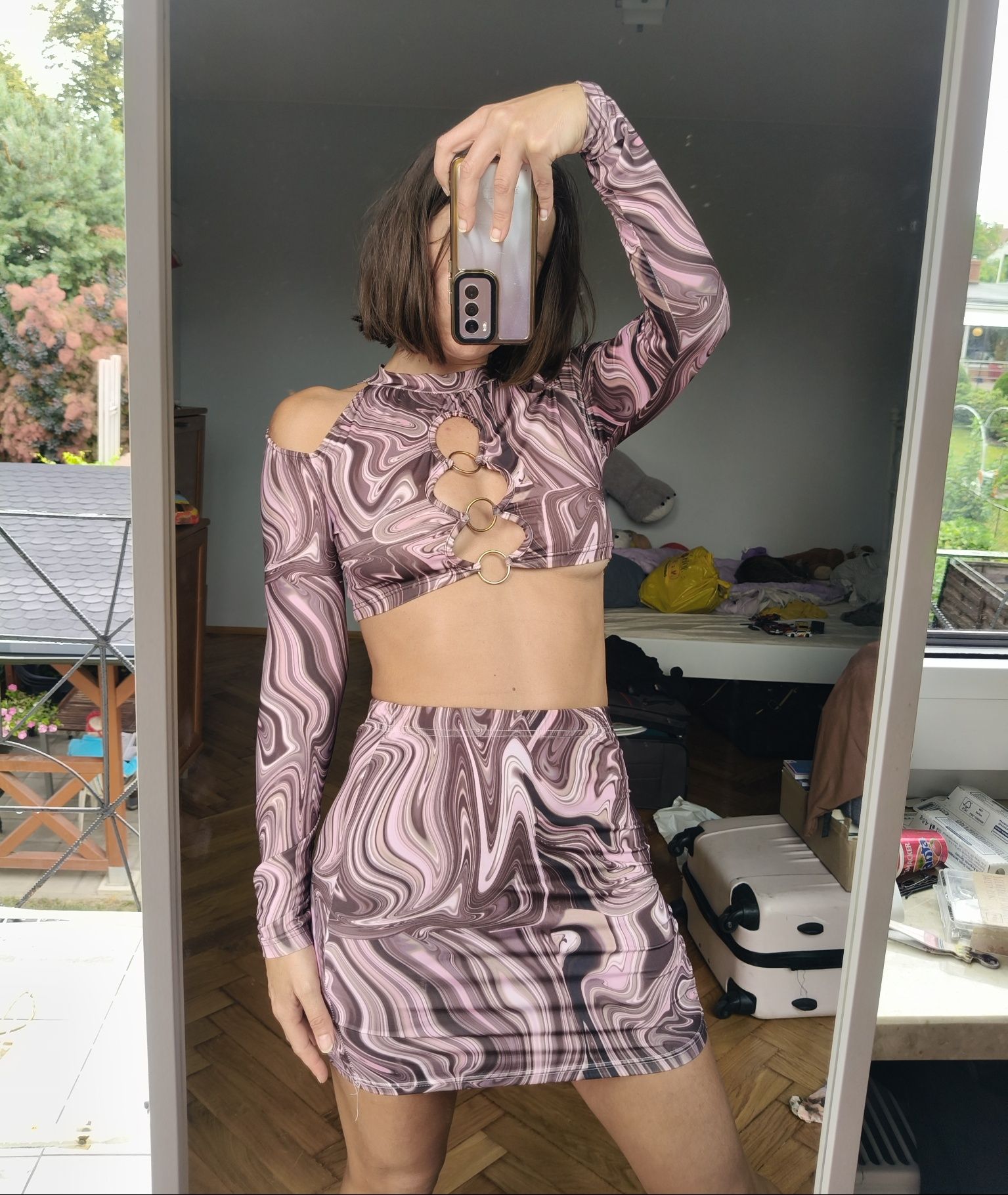 Rave set festiwal dress party crop cutout dress S