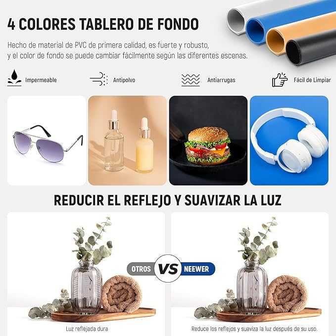 Caixa de luz de estúdio fotográfico, dobrável e portátil 4 fundos, LED