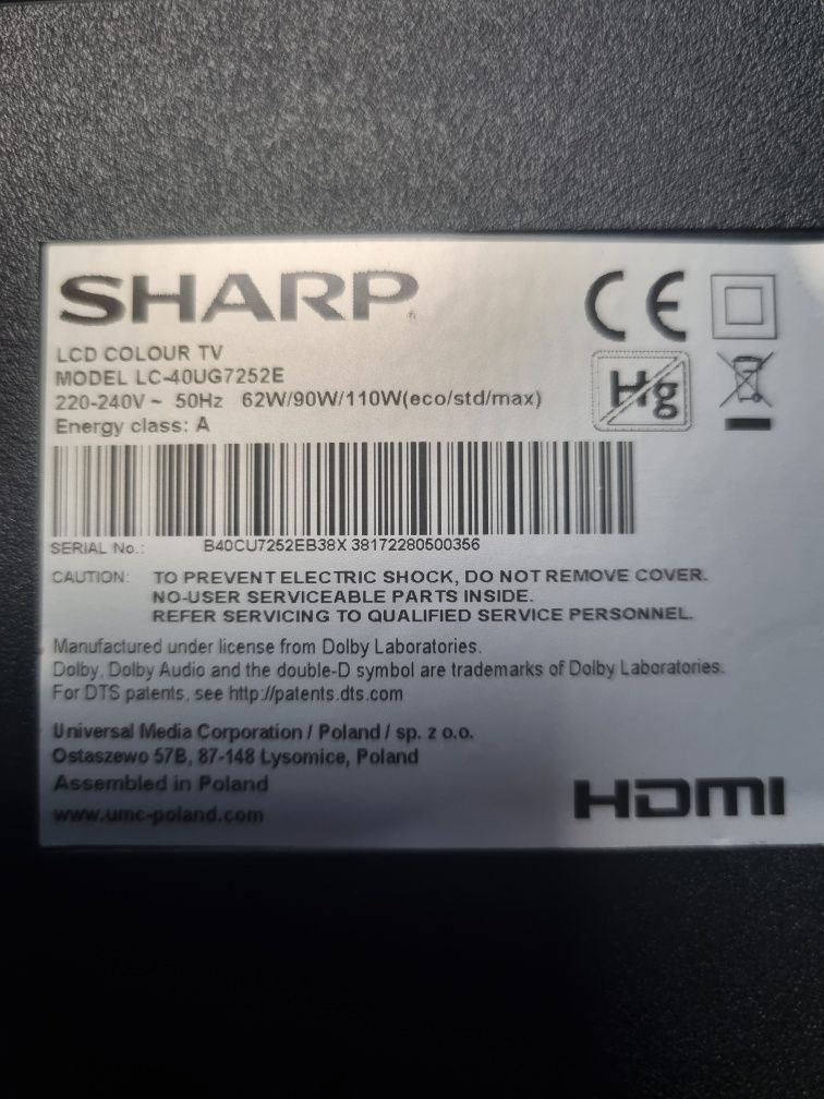 Sharp 40UG7252E 40 cali uszkodzona matryca