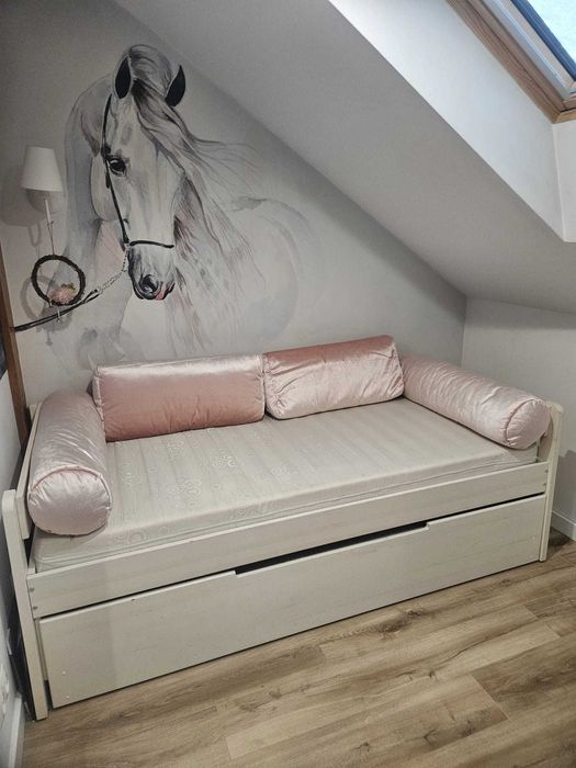 Łóżko dziecięce białe podwójne 90x200 wysuwany dół materace skrzynia