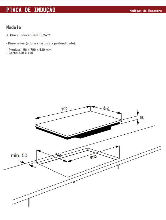 Placa de Indução 70 cm - 4 zonas - Jocel