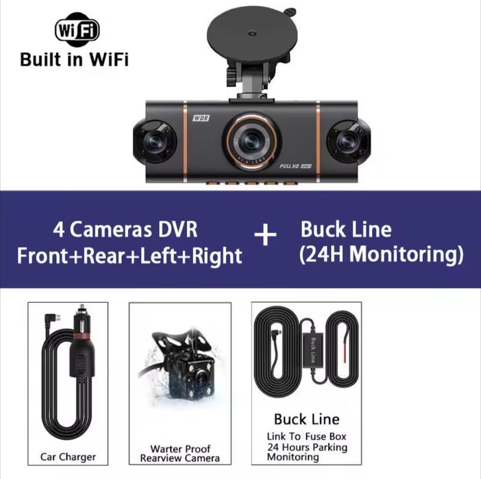 Dash Cam de 4 canais com gravação HD (1080p) campo de visão de 360 °