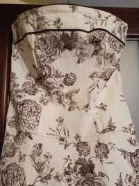 Sukienka bez ramiączek beżowa w brązowe kwiaty - róże, 36