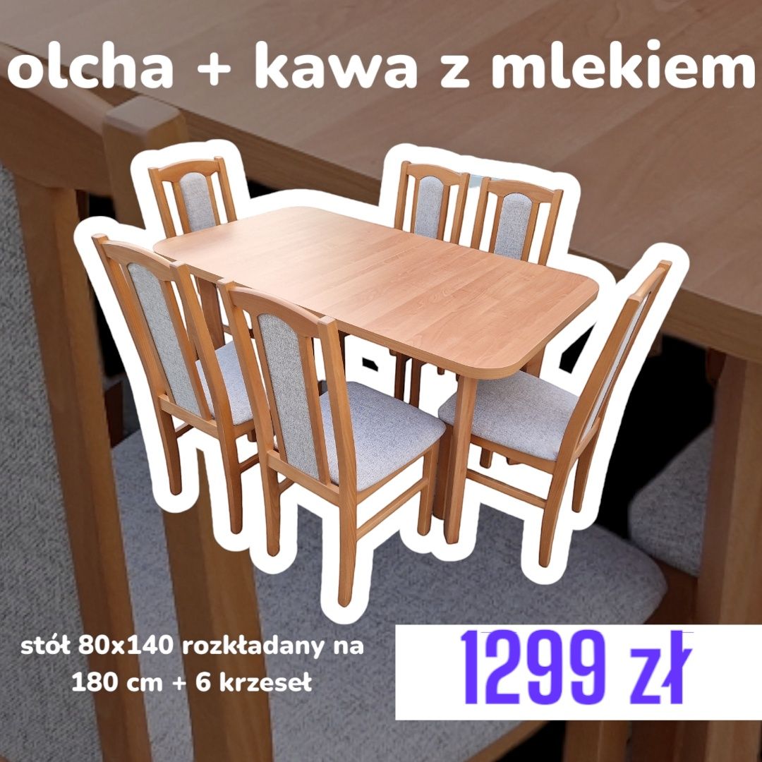 Nowe: Stół 80x140/180 + 6 krzeseł, olcha + cappuccino, dostawa cała PL