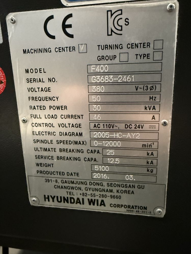 2016 Centrum cnc Hyundai Wia F400