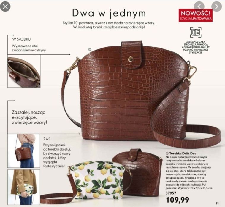Nowa torebka 2 w 1, crossbody Oriflame Drift Dee brąz skóra krokodyl