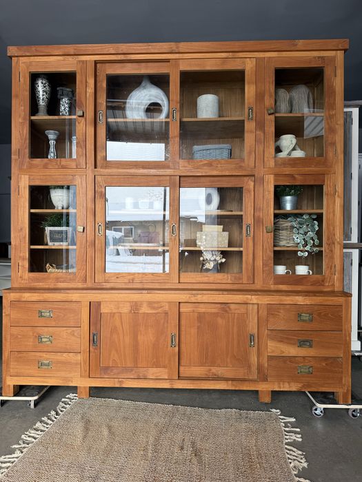 DUŻA biblioteka witryna DREWNIANA tekowa przesuwne jasna farmhouse